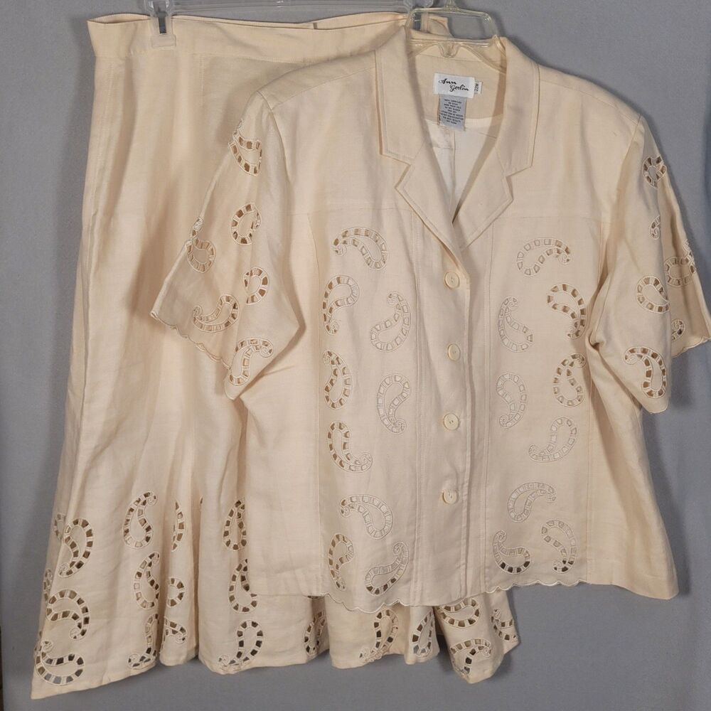 Ann Gerlin Linen Dress Suit Womens 22W Beige Cream 2pc Resort Coastal Tropical